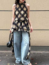 Plaid Asymmetric Halter High-Low Top